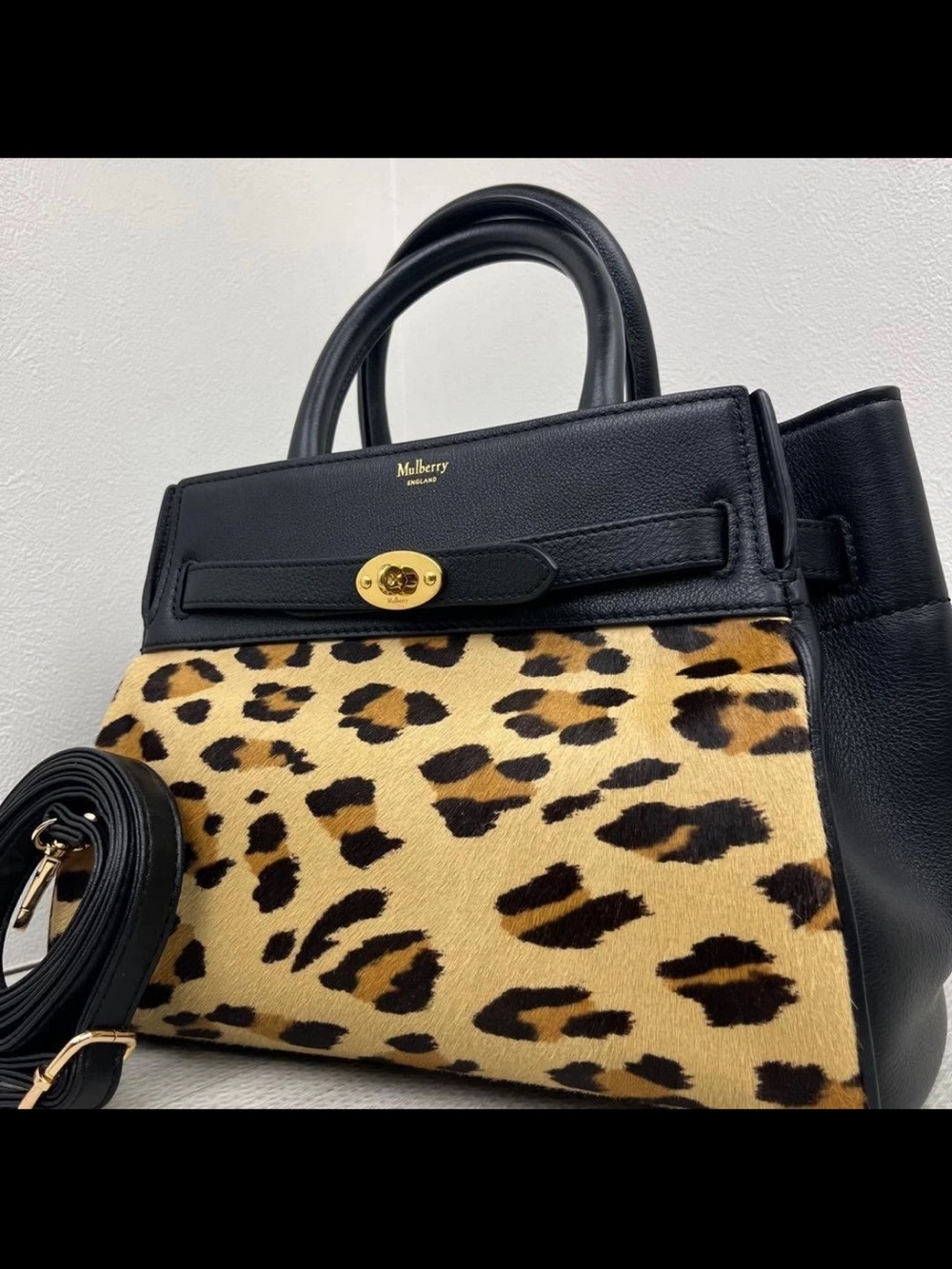 Mulberry Black & Leopard Print Satchel with Gold Hardware